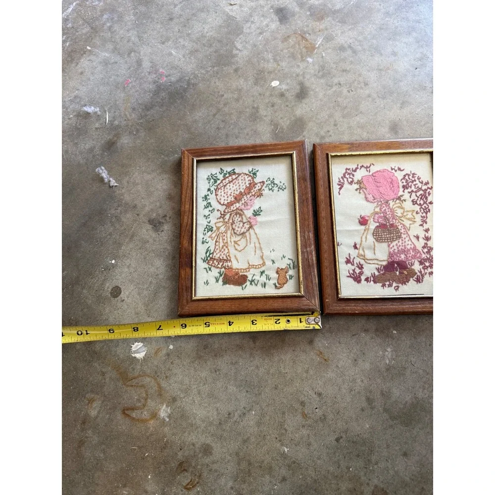 Vintage Holly Hobbie Style Needlepoint Framed Wall Art Set of 2 Kay Valentina